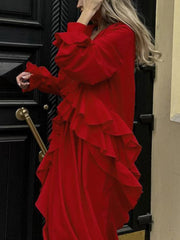 Ruffled V-Neck Long Sleeve Dress