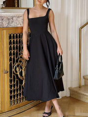 Sling Square Collar Elegant Large Swing Midi Dress