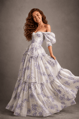 Floral Print Off Shoulder Puff Sleeve Organza Maxi Dress