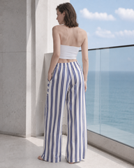 Beach Style Striped Drawstring Wide Leg Pants