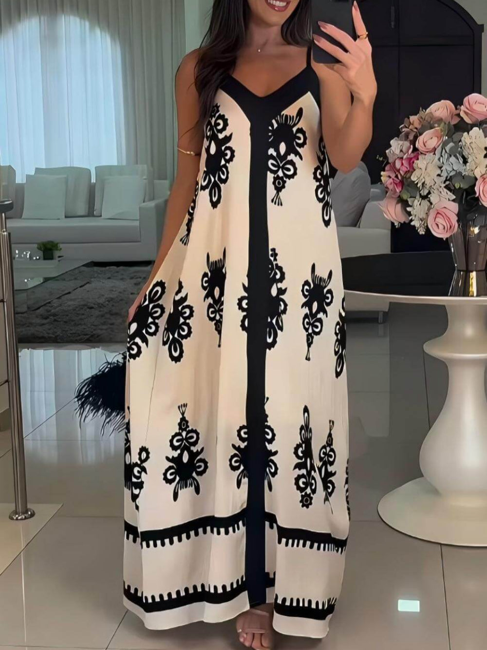 Sleeveless Cami Printed Loose Flared Dress