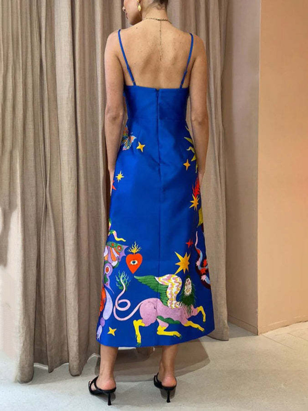 Sexy Satin Backless Floral Cami Dress