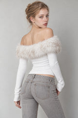 Fuzzy Long Sleeve Off Shoulder Asymmetric Long Sleeve Tee