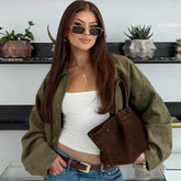 Green Khaki Suede Bomber Jacket