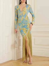 Retro Floral Print Fringed Knitted Dress