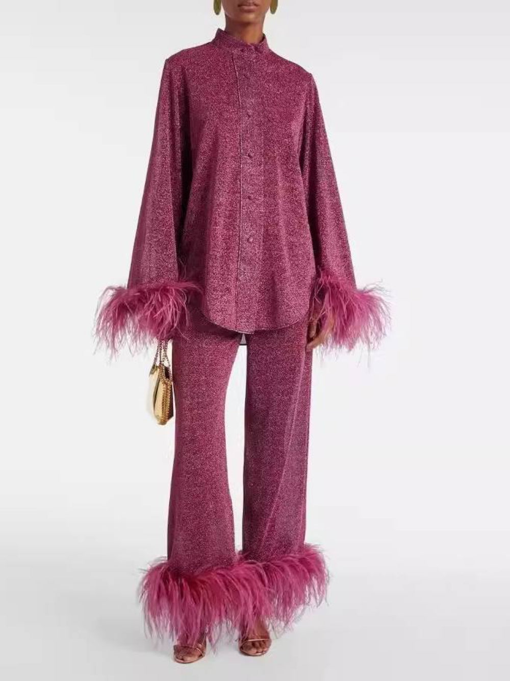 Feather Collar Shirt & Pants Set