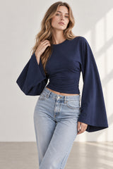 Solid Crew Neck Wide Sleeve Waist Cinched Long Sleeve Tee