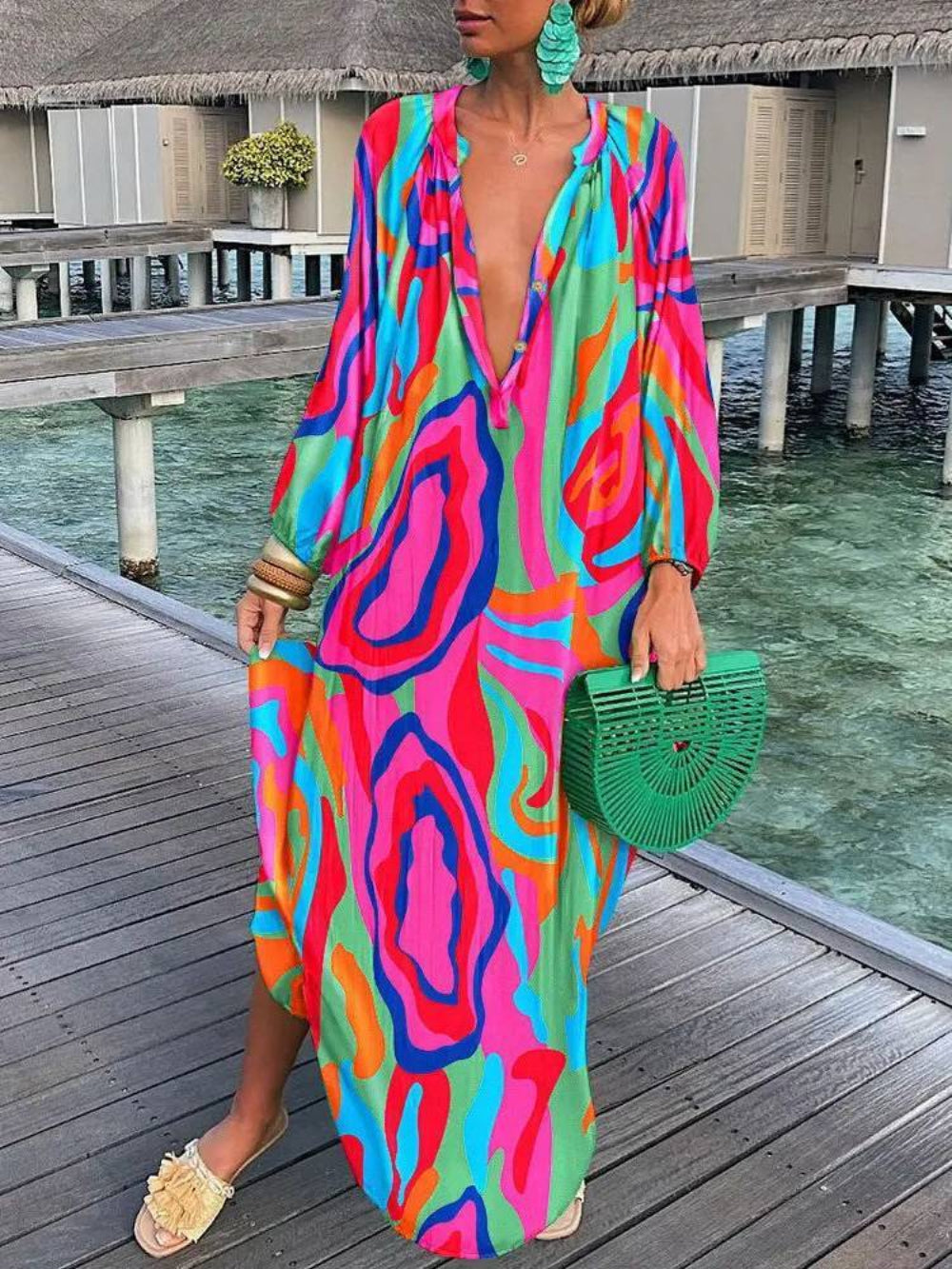 V-Neck Sexy Loose Long Sleeve Floral Dress