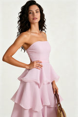 Fashion Strapless Backless Ruffle Tiered Midi Dress