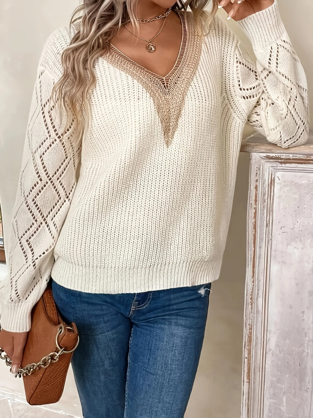 Solid V-Neck Hollow Out Knitted Sweater