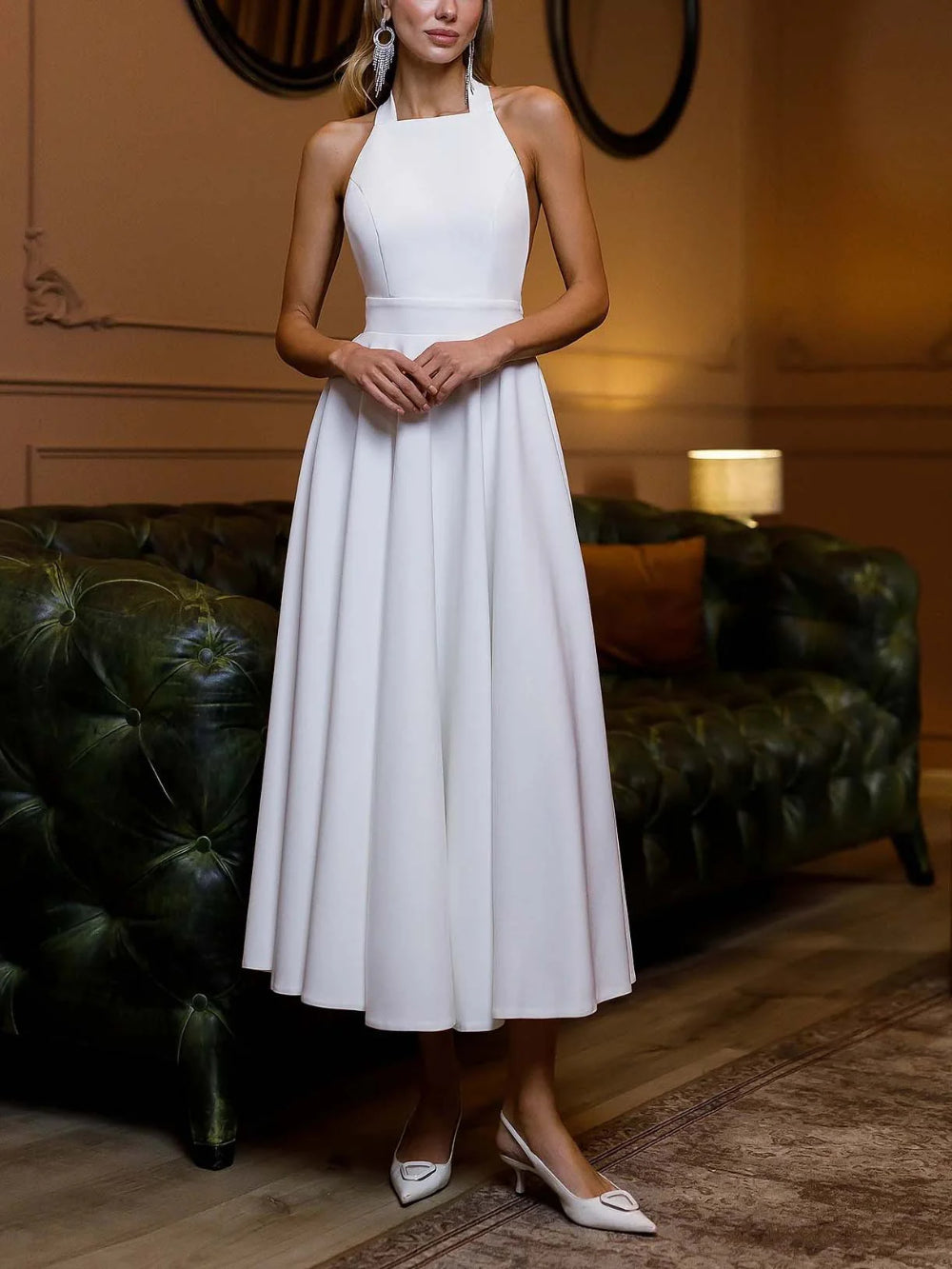 Elegant Halter Bow Tie Solid Waist-Tied Dress