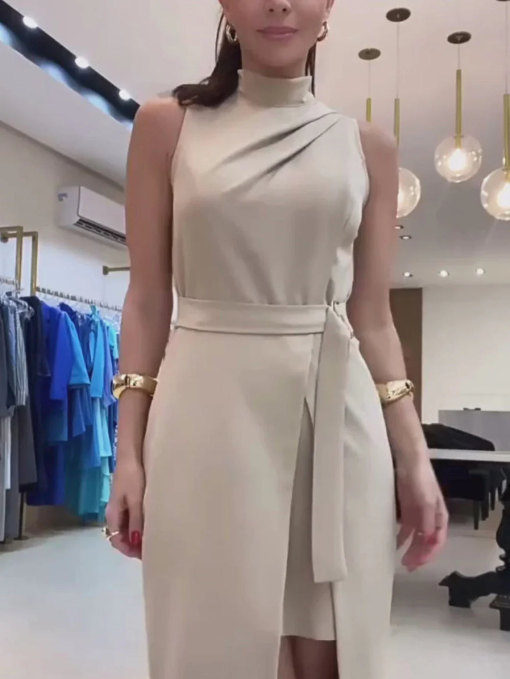 Stand Collar Faux Two-piece Tie-up Split Midi Dress