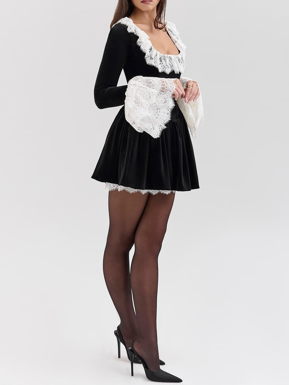 Velvet Lace Trimmed Elegant Mini Dress