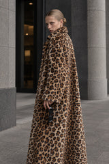 Leopard Print Notched Collar Longline Faux Fur Overcoat