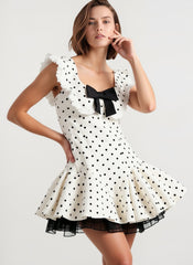Vintage Polka Dot Bow Collar Ruffled Mini Dress