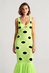 Knit Sleeveless Bodycon Polka Dot Fringe Maxi Dress