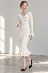 Elegant Women Knitted Sleeve Casual Solid Color Ruffles Hem Party for Beach Cocktail Club Streetwear