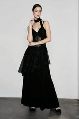 Lace Trim Sheer Waist Tie Cami Maxi Lace Dress