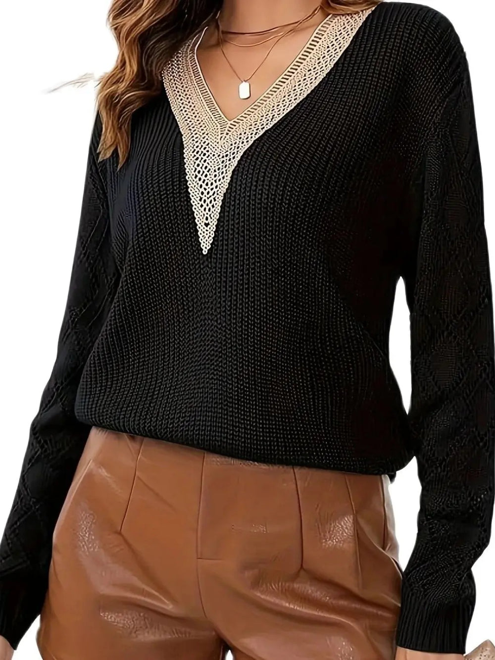 Solid V-Neck Hollow Out Knitted Sweater