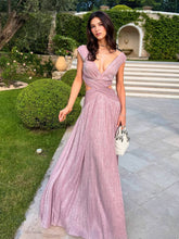 V-Neck Waist-Tied Slit Flared Sparkling Gown