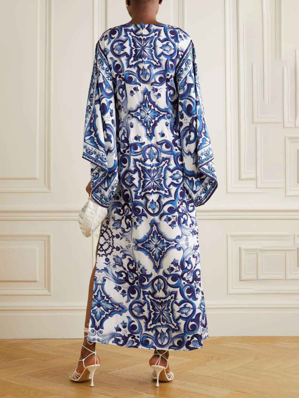 Blue Porcelain Print Off-Shoulder Loose Dress