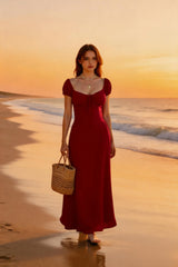 Ruched Puff Sleeve Maxi Work Dress