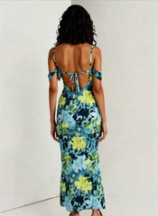 Tie Strapless Ruffled Print Sexy Bodycon Maxi Dress