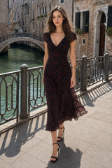 Black Rose V Neck Slim Fitted Bodycon Floral Dress