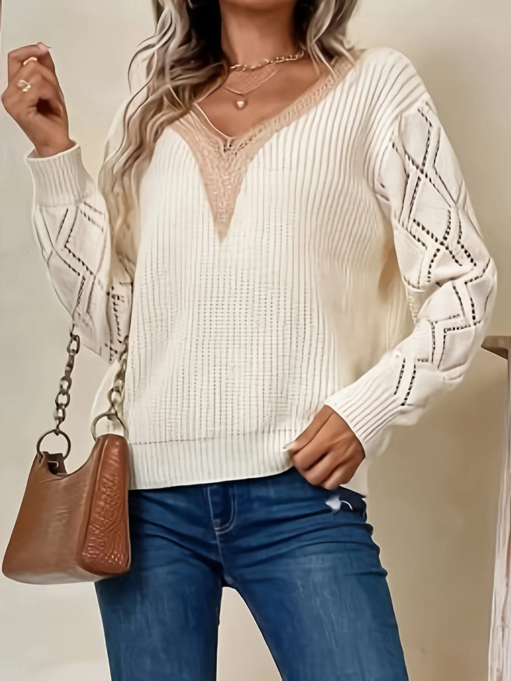 Solid V-Neck Hollow Out Knitted Sweater