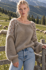 Lace Shoulder Fuzzy Relaxed Sweater