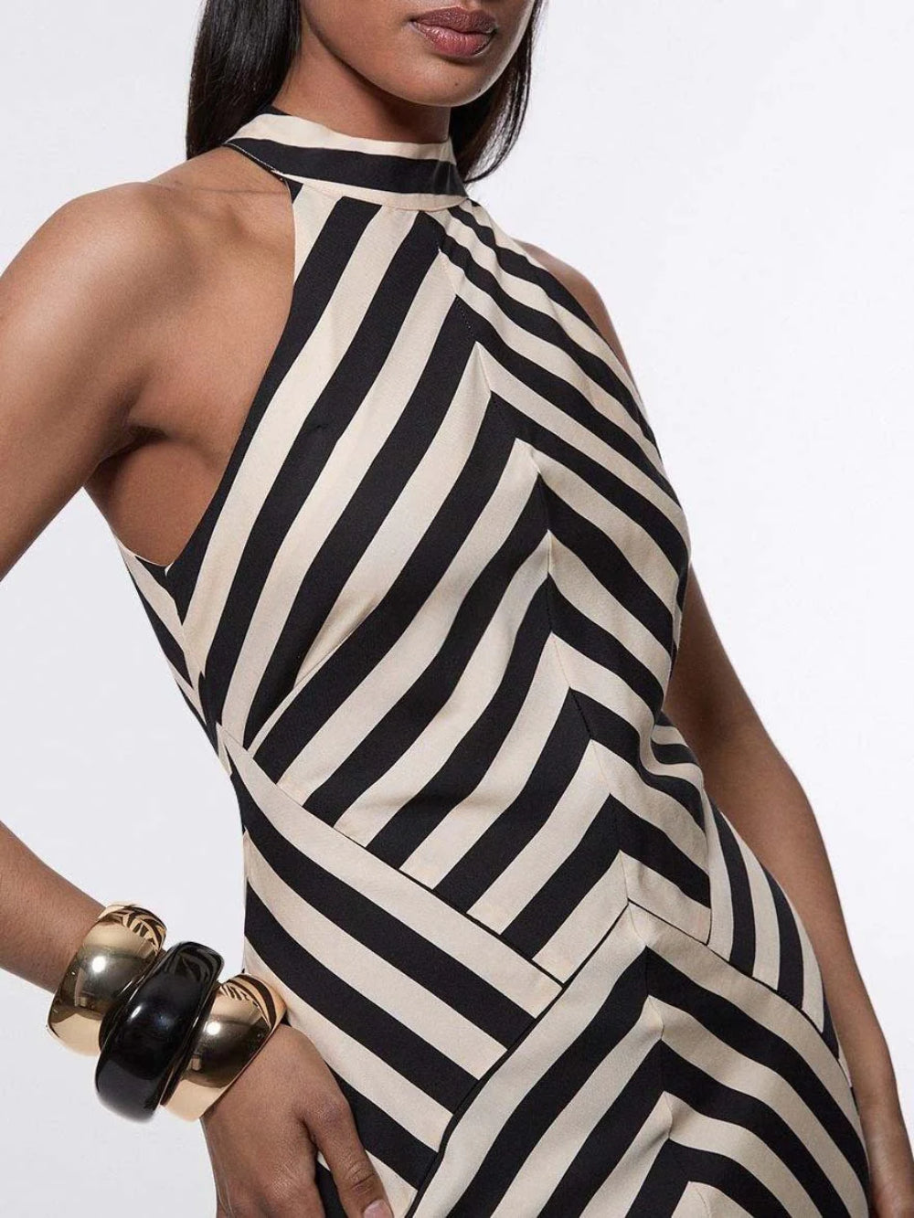 Open Back Asymmetric Striped Print Dress
