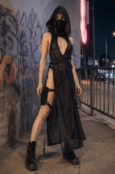 Attractive Rebel Net Hollow Hooded Full-Length Dress