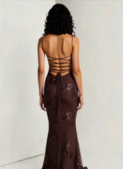 3D Applique Bone Pad Tie Back Solid Prom Dress