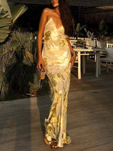 Party Gold Foil Backless V-Neck High-Waist Cami Dress