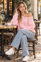 Solid Color V-Neck Cable-Knit Loose Sweater