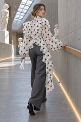 Dot Ruffled Tie Stand Collar Blouse