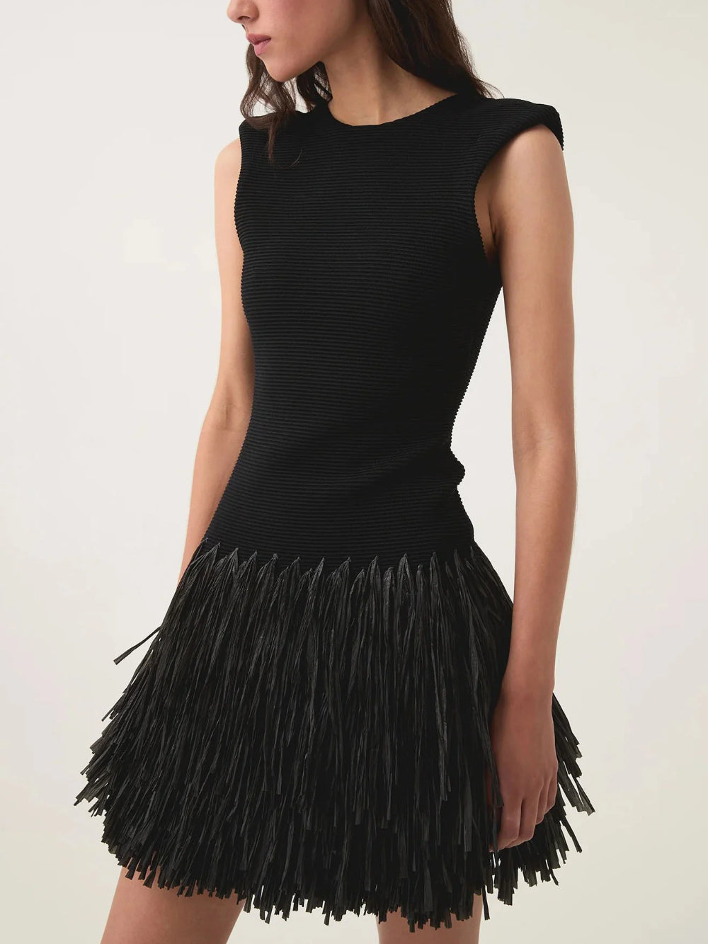Elegant Raffia Layered Fringed Knit Dress