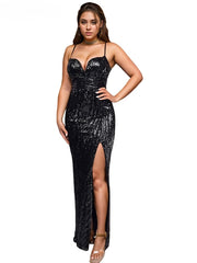 Sequin Spaghetti Slit Maxi Dress