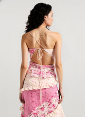 Deep V Ruffle Floral Lace Patchwork Cami Maxi Dress