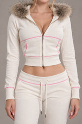 Fur Trim Velvet Crop Hoodie Pants Set