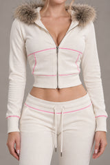Fur Trim Velvet Crop Hoodie Pants Set