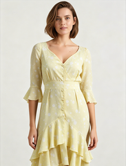 Asymmetric Ruffled Sleeve High Waist Floral Dress