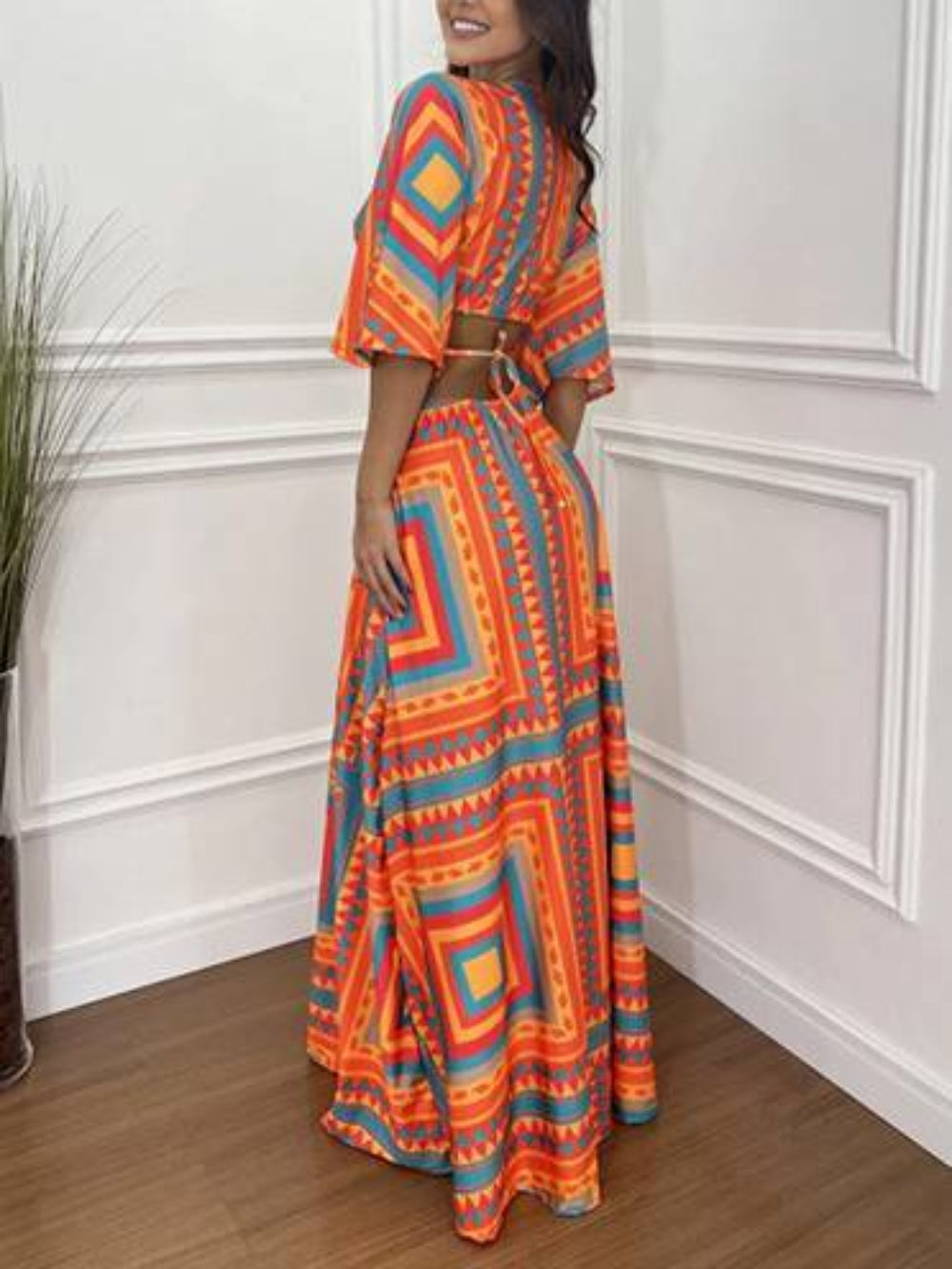 Half Sleeve Batwing Waist-Tied Maxi Dress