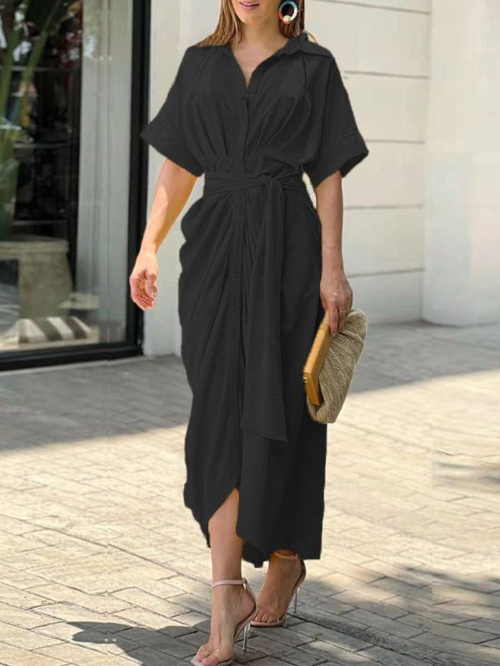 Pleated Belted Short Sleeve Dress