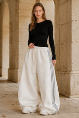 Sporty Plush Wide-Leg Striped Pants