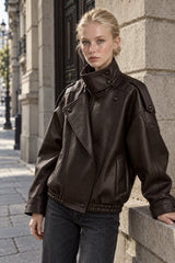 High Collar Epaulet Faux Leather Jacket