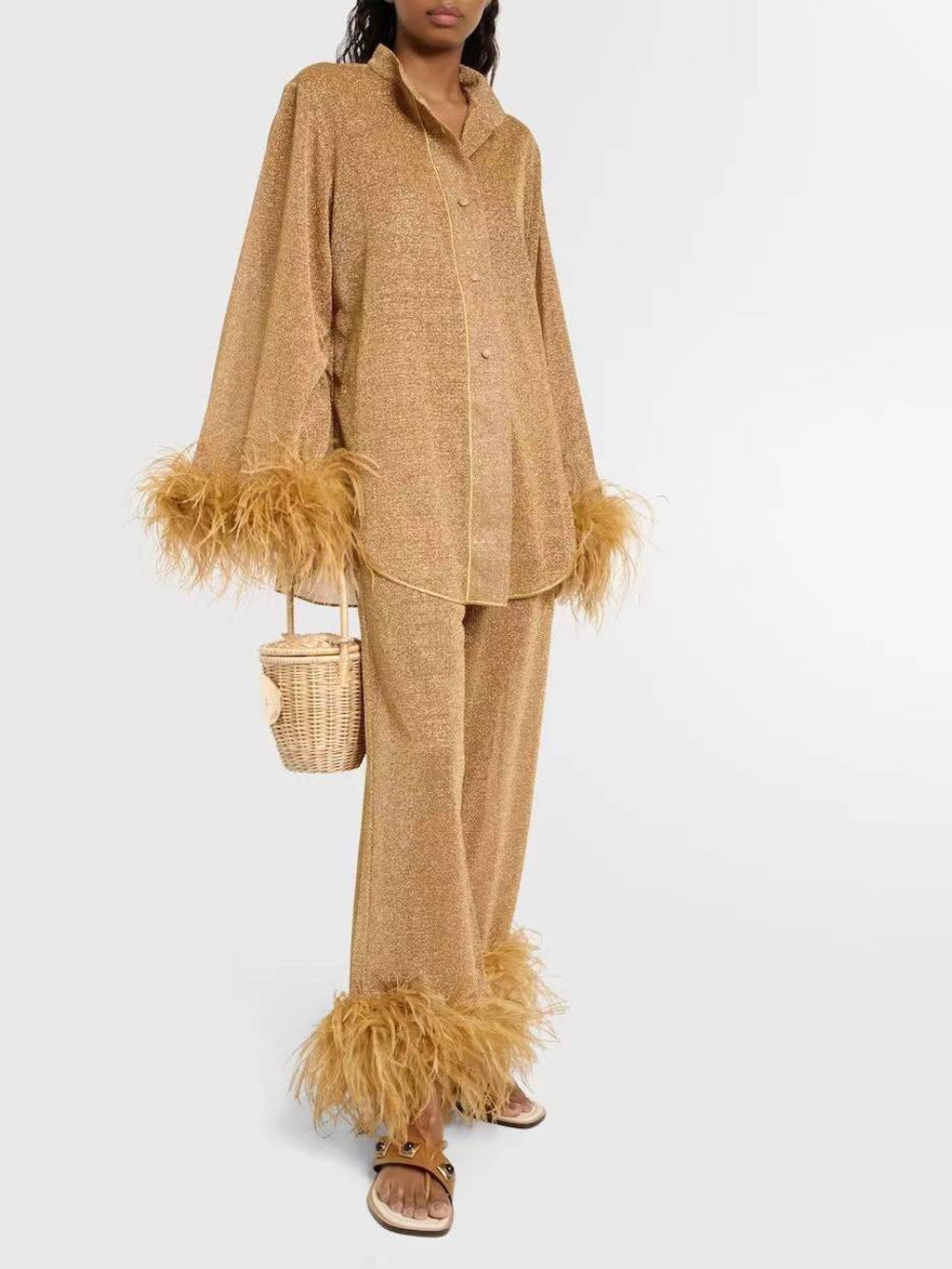 Feather Collar Shirt & Pants Set