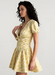Floral V Neck Ruched Mini Dress