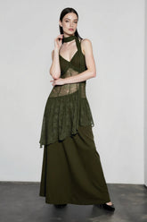 Lace Trim Sheer Waist Tie Cami Maxi Lace Dress