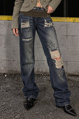 Rivet Spliced Ripped Vintage Washed Jeans